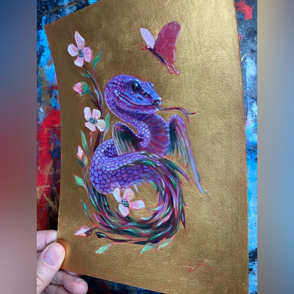 Original Dragon painting snake flying serpent handmade art gold accents Ettina - Picture 5 of 5